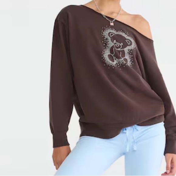 ♥️ Cloud Soft Rhinestone Teddy Off-The-Shoulder Sweatshirt - Picture 2 of 5